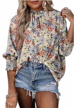 NEW DEAR LOVER floral bubble sleeve multi blouse in beige